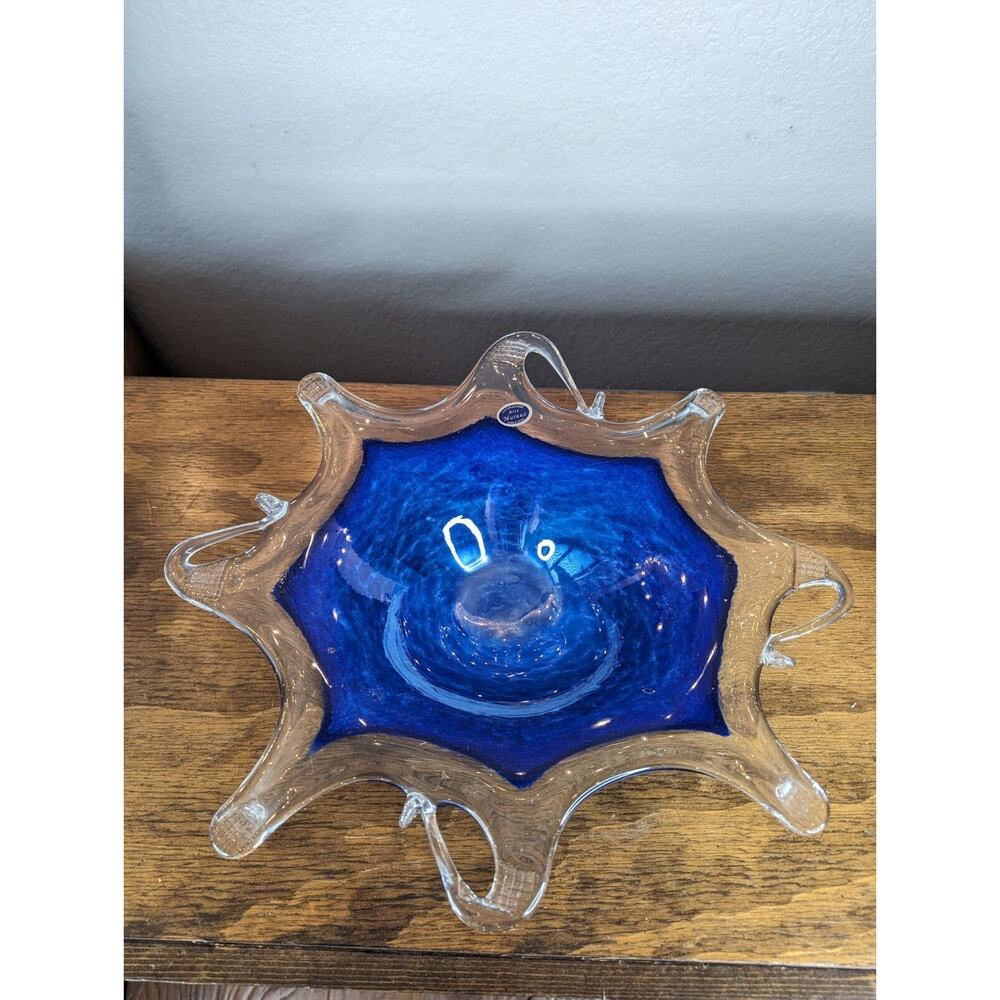 Lavorazione Arte Murano Centerpiece Bowl Large 16" Art Glass Blue Italy